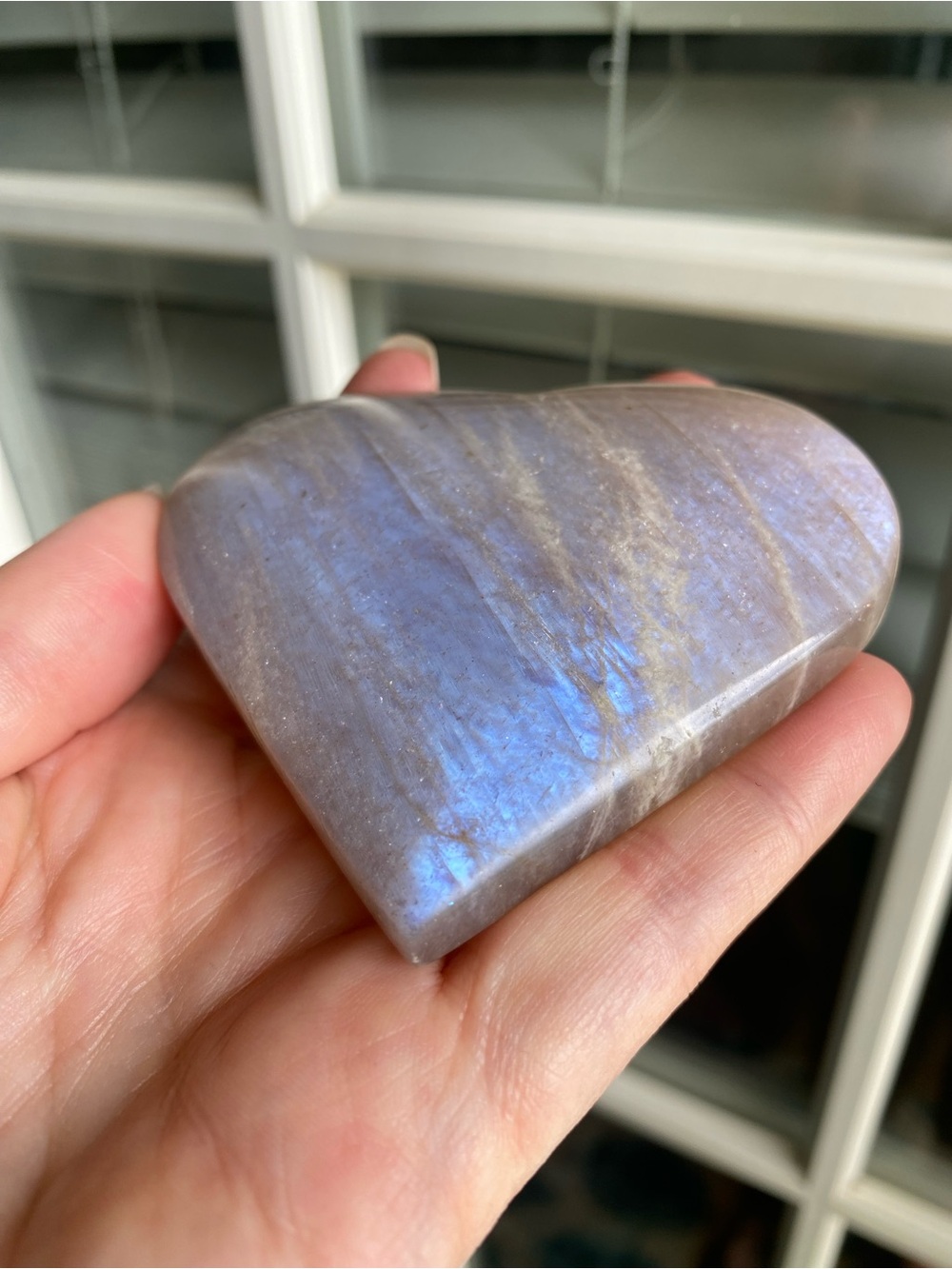 Blue Moonstone Heart- Soft Beige with Blue Flash